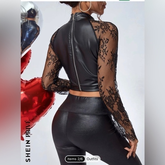 SHEIN  Privé Contrast Lace PU Crop Top - Picture 3 of 8